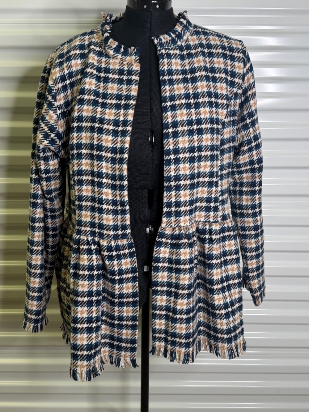 Southern Stitch Wmns XL Plaid Boho Eccentric Peplum Frayed Hem Open Fall Jacket